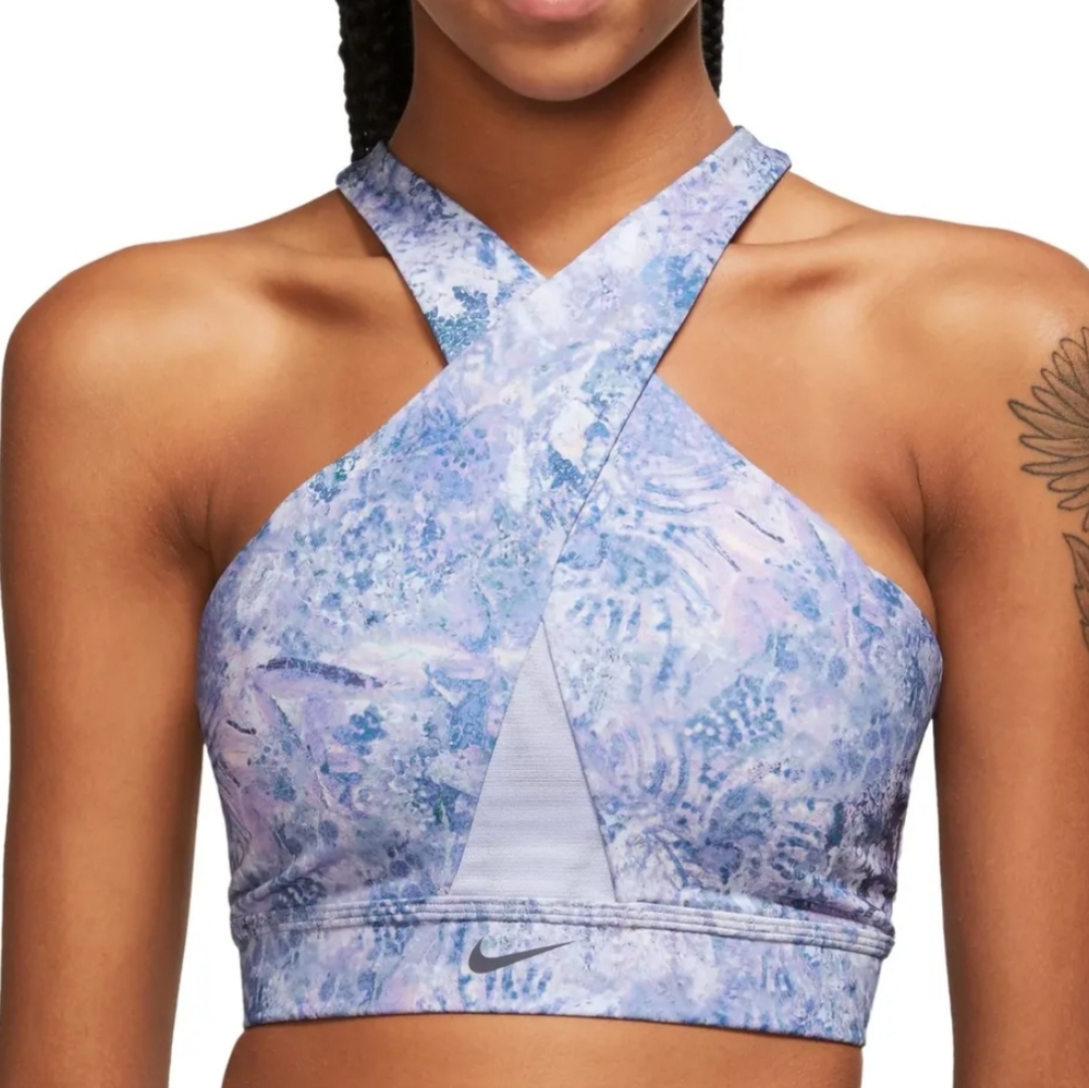NIKE Dri Fit Swoosh Wrap AOP Sports Workout Bra Purple Medium